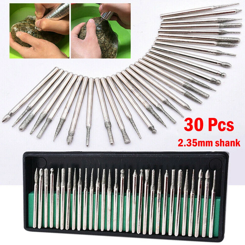 

30pcs 2.35mm Shank Diamond Burs Set With Box For Electric Grinder Power Tools Diamond Carving Hole Grinding Tool
