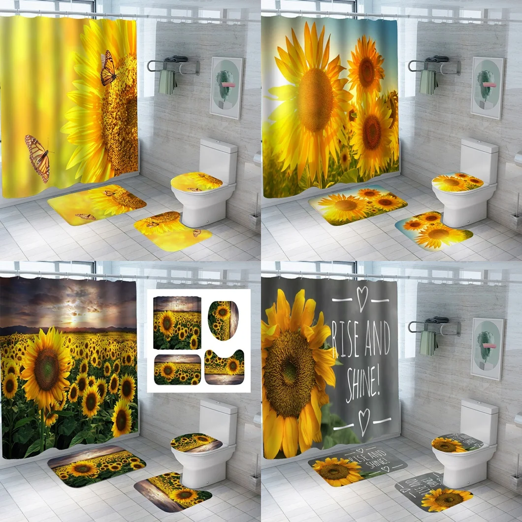 Spring Butterfly Sunflower Shower Curtain Set Yellow Flowers Plant Scenery Bathroom Curtains Non-Slip Bath Mats Rug Toilet Cover