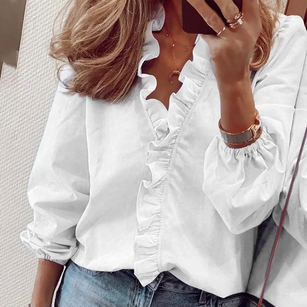 

2023 Summer Floral Print Ruffles Women Blouse Office Lady Short Sleeve V Neck Shirts Casual Loose Elegant Basic Tops