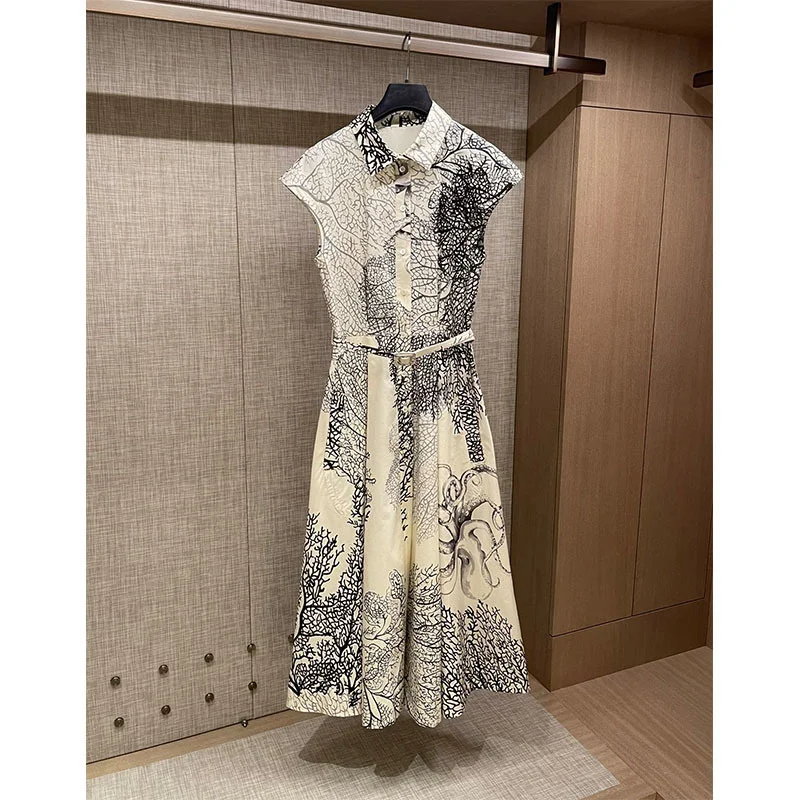 

Женское длинное платье миди с принтом, элегантное платье с рукавом-фонариком и поясом, весна-лето 2022