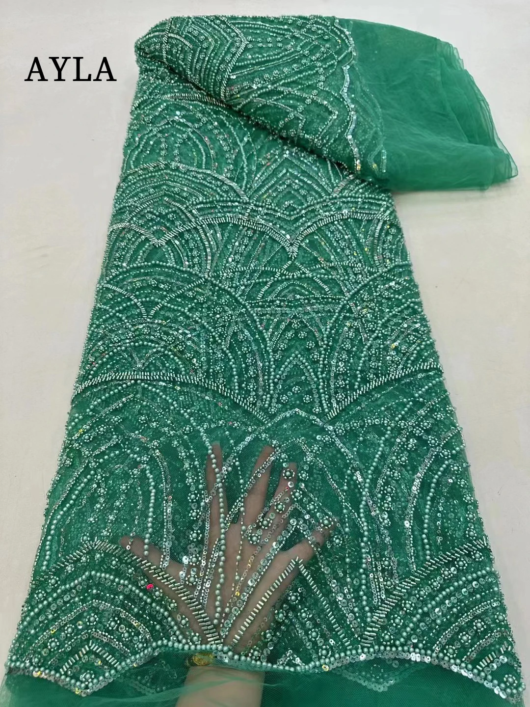 

Green Lace African Lace Fabric High Quality 2023 Wedding Fabrics Beaded Material Fabrics for Sewing, Bridal Lace Fabric 5 Yards