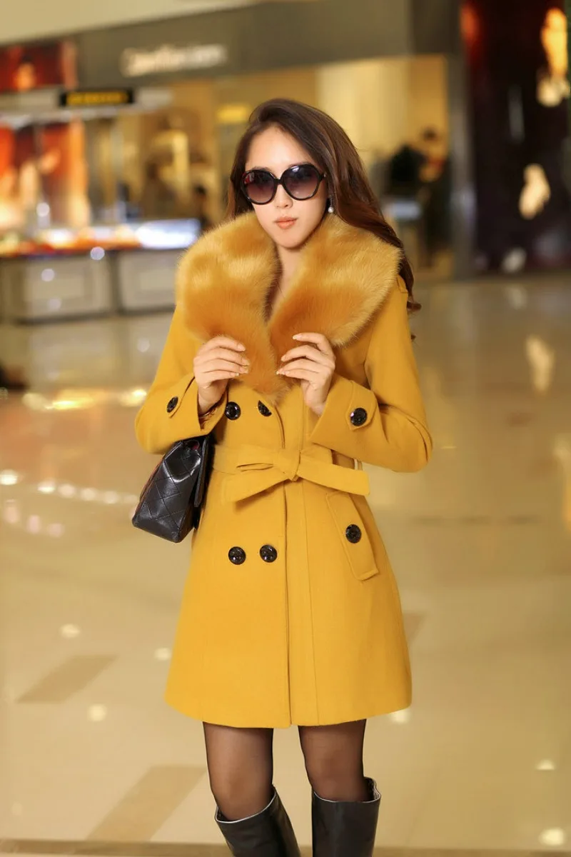 

Autumn and Winter Tweed Women's Coat Korean Double-breasted Solid Color Wool Coat Women