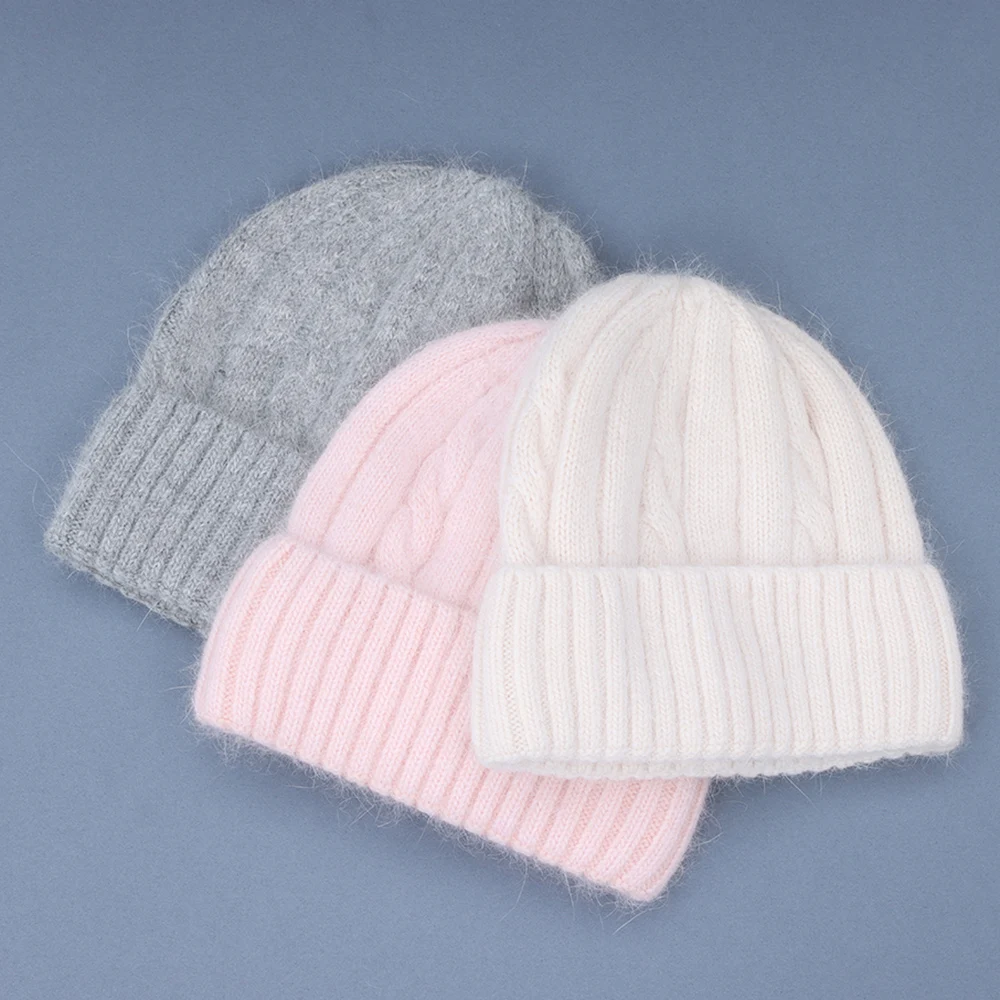 

NEW Solid Rabbit Fur Winter Hat for Woman with Autumn soft Knitted Bonnet Warm beanies Fried dough twist for Gift free shipping
