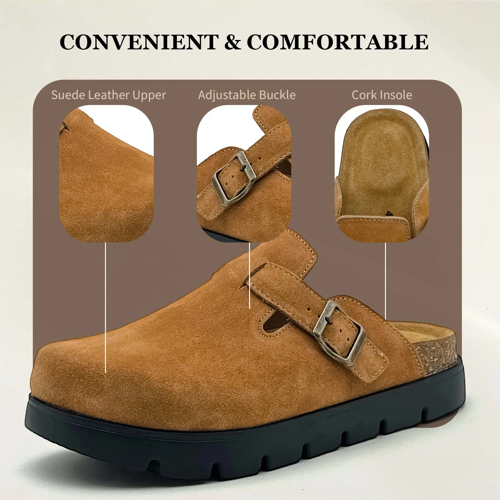 Фото Сабо Birken Chunky Platform Boston из замши с пробковой подошвой, регулируемой пряжкой и нескользящей подошвой для женщин и мужчин №3