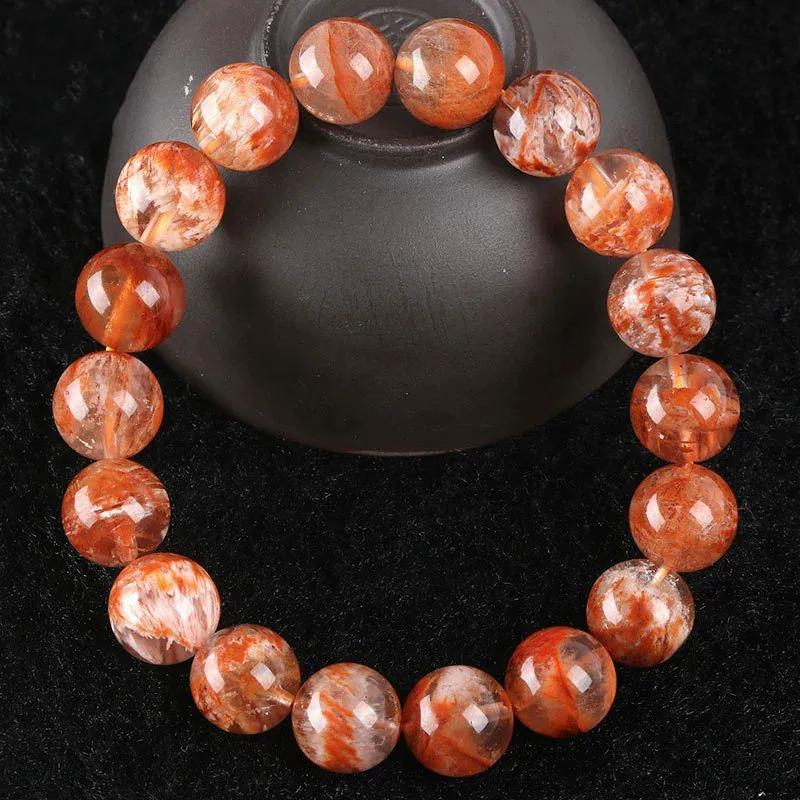 

Natural Orange Red Sericite Phantom Clear Round Beads Bracelet Crystal Garden Snow Phantom Women Men 8mm 9mm 10mm 11mm AAAAA