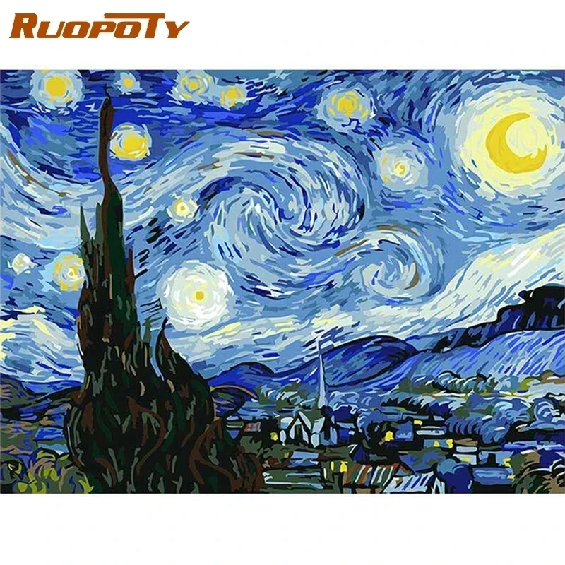 

RUOPOTY Frame DIY Painting By Numbers Van Gogh Starry Sky Picture By Numbers Landscape Wall Art Acrylic Paint For Home Decor Art