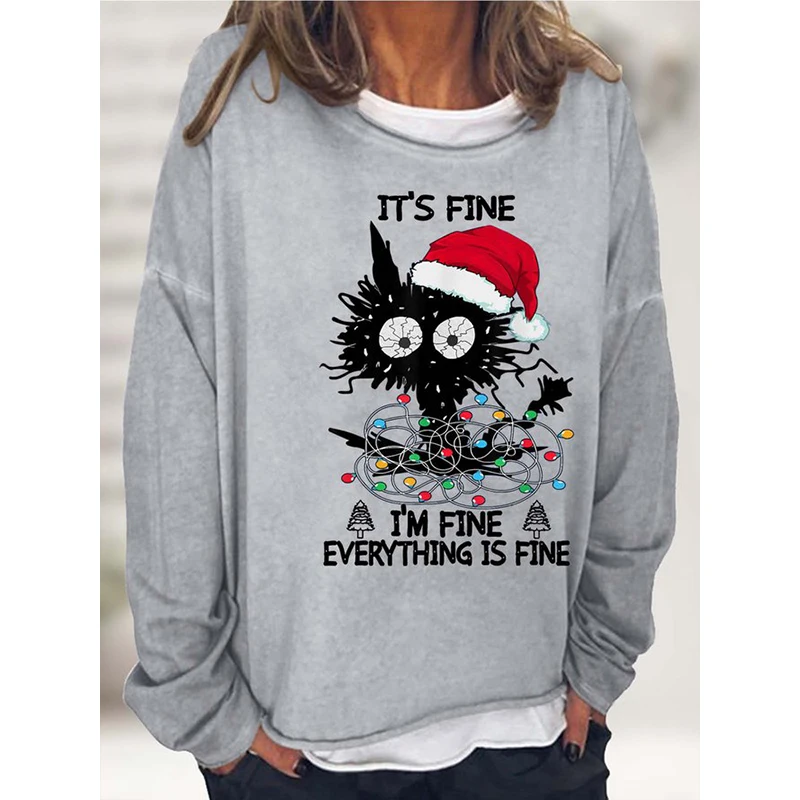 

Rheaclot I’m Fine Black Cat I`m Fine Everything Is Fine Printing Women's Causal Cotton Long Sleeve SweatShirt