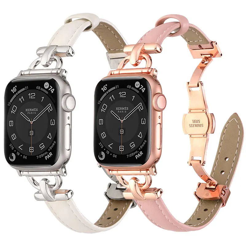 

Тонкий кожаный женский браслет для Apple Watch Ultra 49 мм 41 45 мм 40 мм 42 44 мм ремешок с застежкой-бабочкой iWatch Series 8 7 SE 6 5 4 3