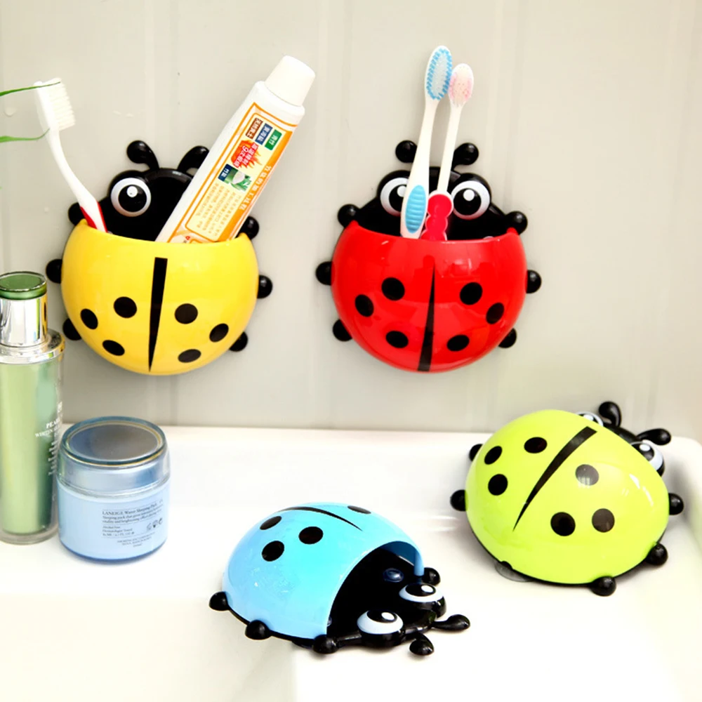 

NEW Wall Suction Holder Toothpaste Dispenser Toothbrush Holder Storage Ladybug Animal Insect Holder Bathroom Shelves