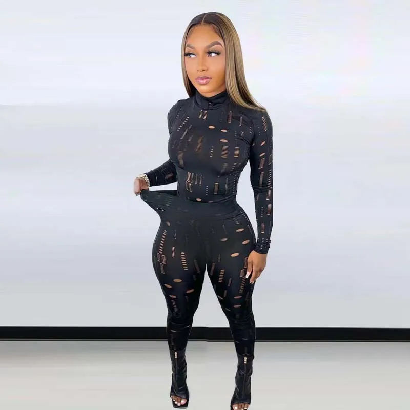 2023 New Fashion Sexy Women Two Piece Outfits Hollow Out Long Sleeve Crop Top Bodycon Pants Set