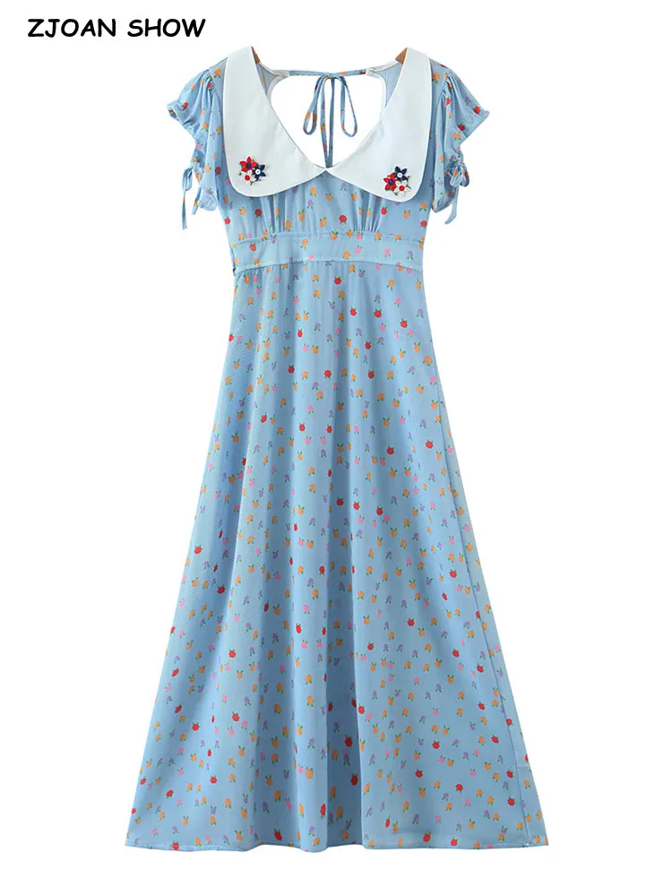 

2022 Retro Blue Floral Print Women Midi Dress Woman Lapel Lacing up Bandage Sashes Short sleeve Backless Dresses Holiday