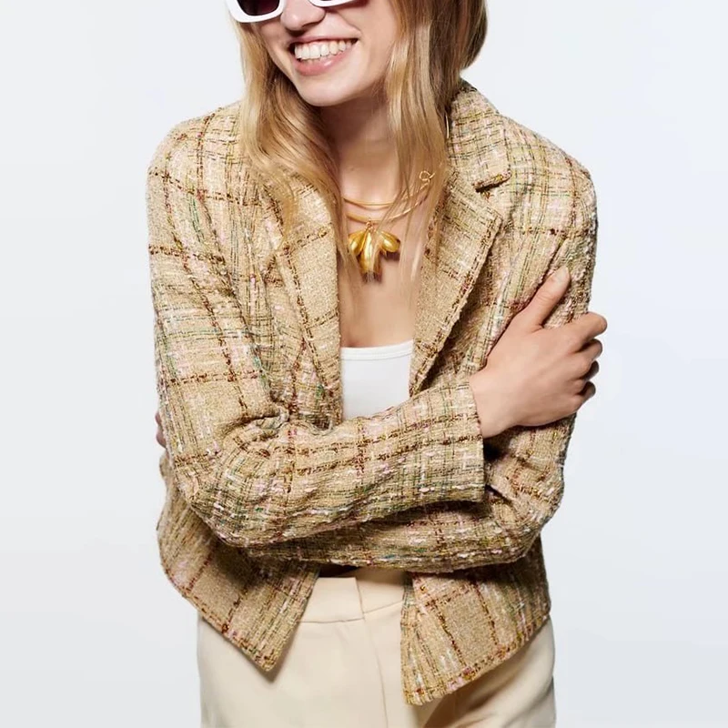 

Женский текстурированный укороченный Блейзер, весенний облегающий пиджак с отложным воротником и длинным рукавом, пальто, шикарные женски...