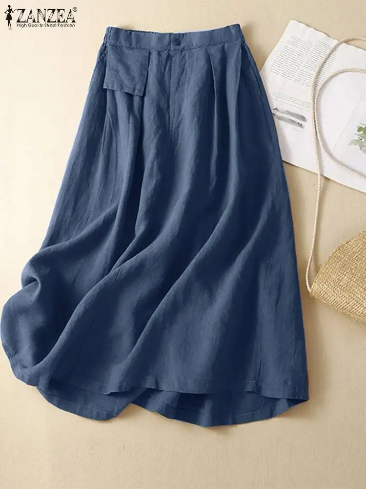

ZANZEA Leisure Commuting Cotton Summer Skirt Casual A-line Midi Skirts Women Elegant High Waist Pockets Solid Color Long Jupes