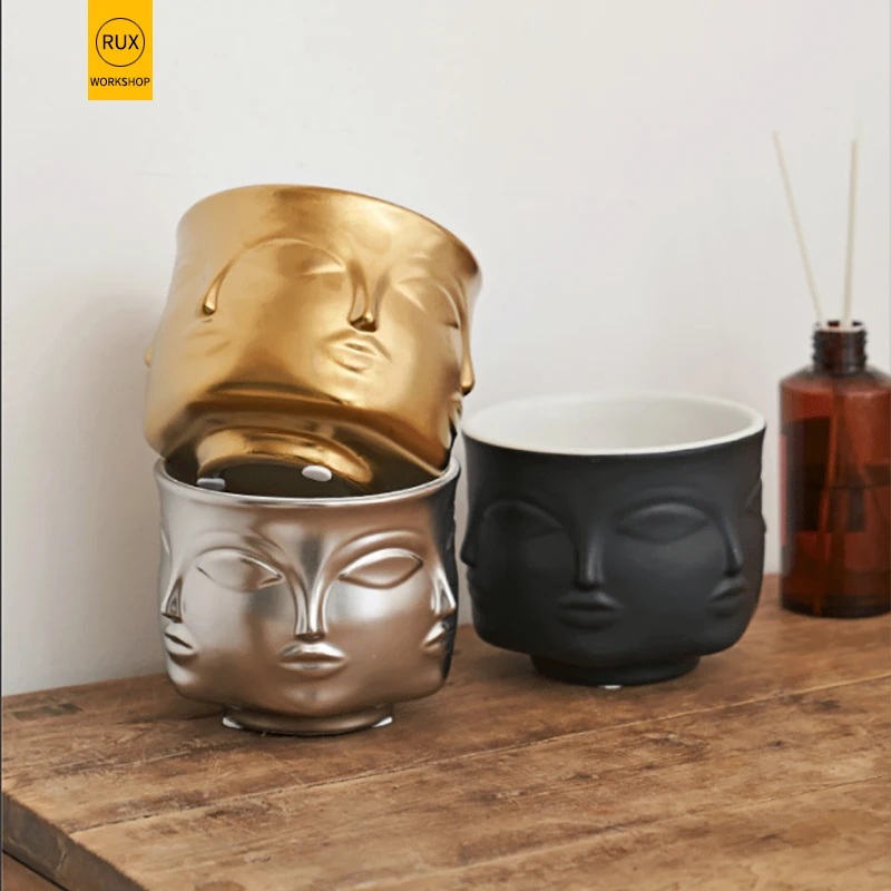 Ceramic flower pot Face design Ceramic Vase Home Decoration Accessories Tools Black Gold White