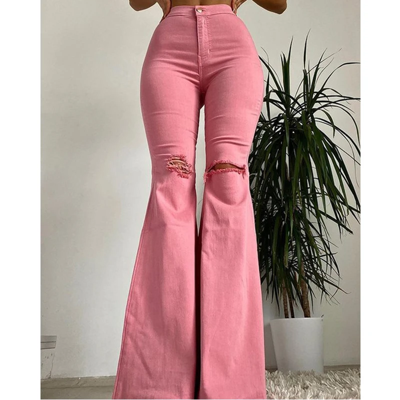 Jeans Woman Slim Fit Solid Color Bell-bottoms Classic Style Ripped High Waist Long Denim Pants Street Retro Style Stretchy Jeans