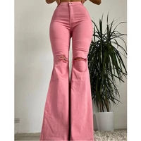 jeans woman slim fit solid color bell bottoms classic style ripped high waist long denim pants street retro style stretchy jeans