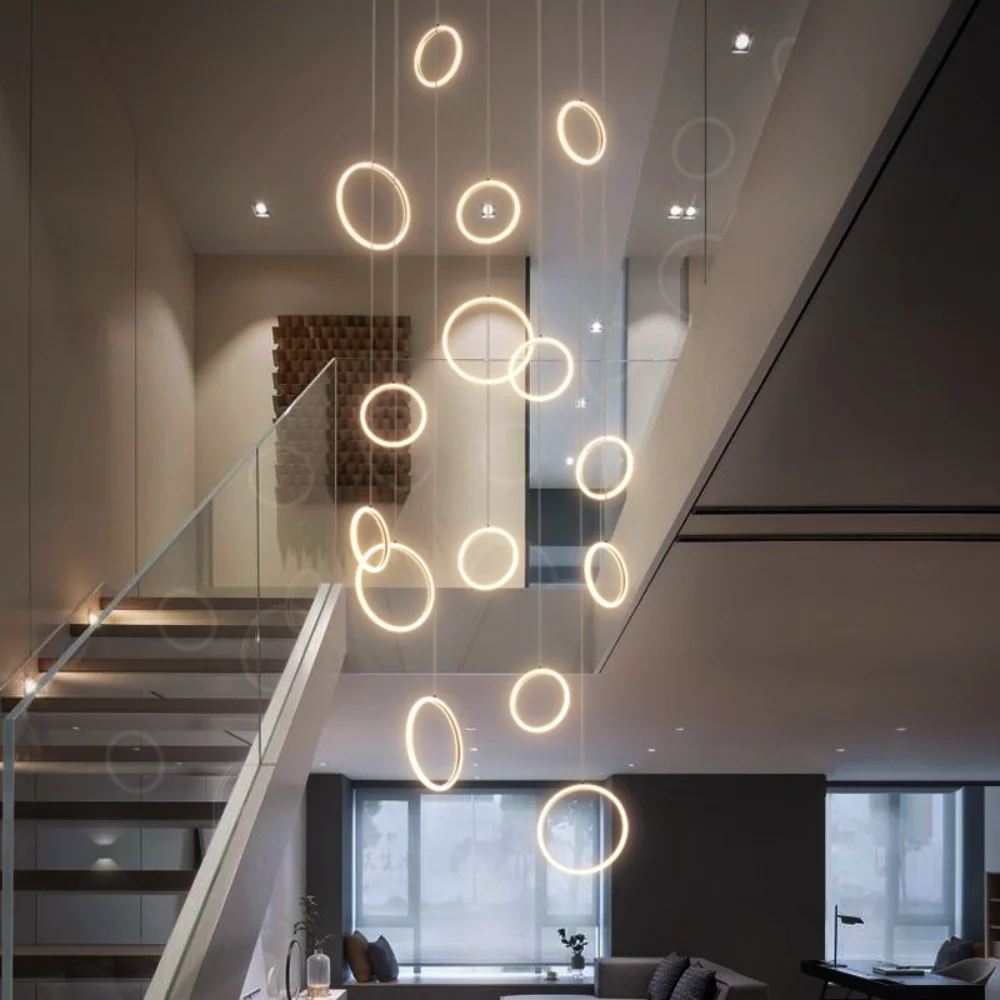 

Stair Chandelier Loft Apartment Duplex Building Large Chandelier Modern Minimalist Empty Living Room Villa Ring Long Chandelier