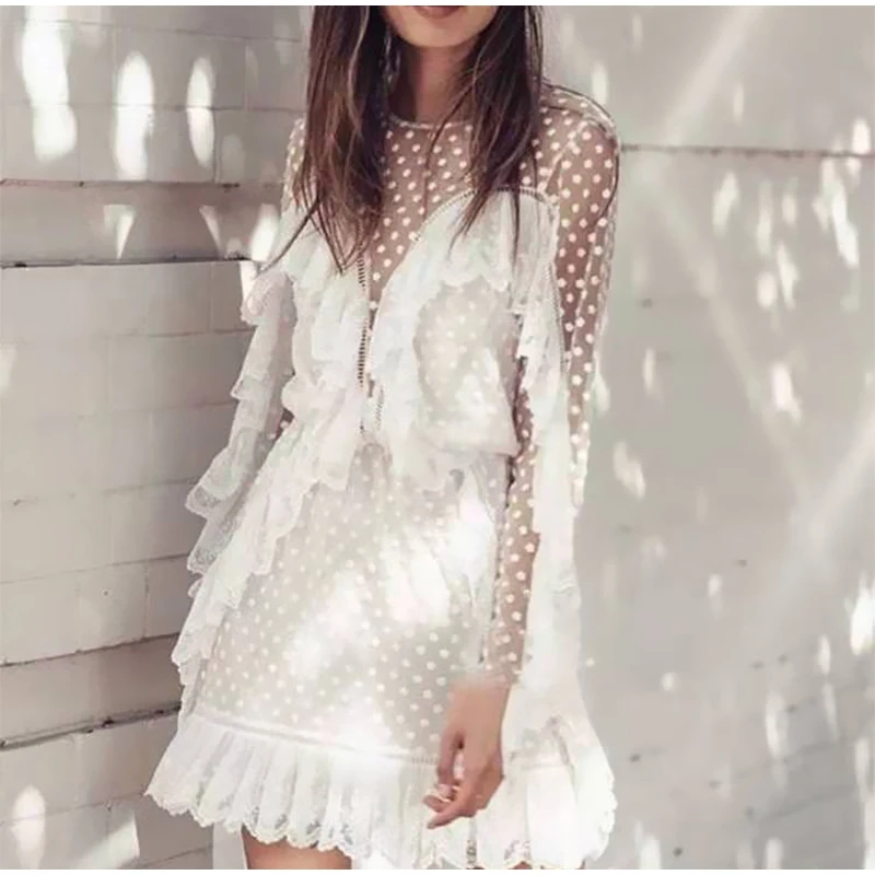 

Women Summer Floral Star Ruffle Lace White Elegant Dress Beach Boho Embroidery Backless Tassel Transparent Princess Mini Dress