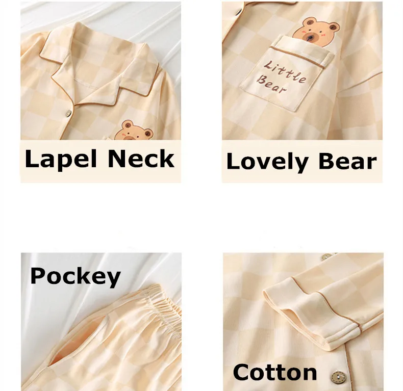 Spring Autuum Fashion Women's Casual Print Pocket Sleepwear Homewear Cute Lovely Pajamas Set With Pants Bear Soft Cotton