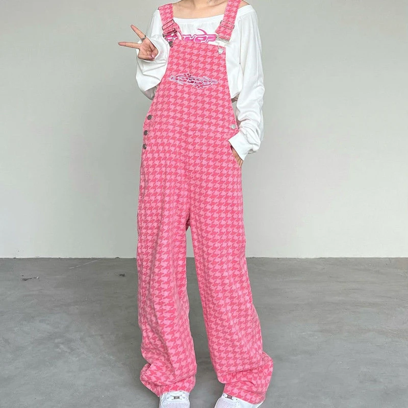 

High Street Pink Plaid Jumpsuits Women Korean Loose One Piece Outfits Female Autumn 2021 New Vintage Wide Leg Pants Jumpsuit