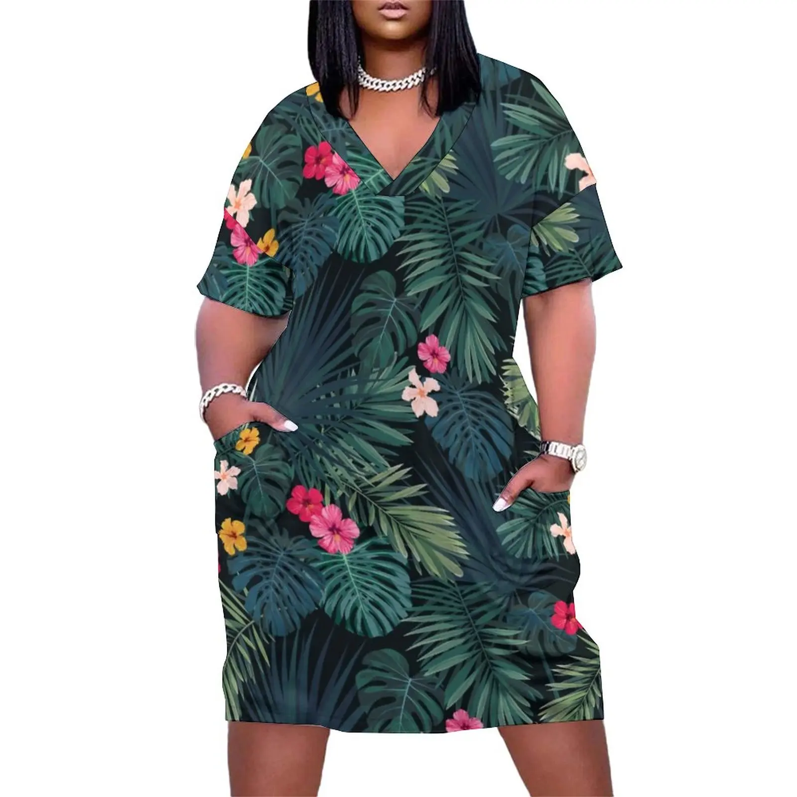 

Tropical Floral Print Dress Plus Size Hibiscus Blossom Aesthetic Casual Dress Womens Summer V Neck Stylish Dresses Birthday Gift