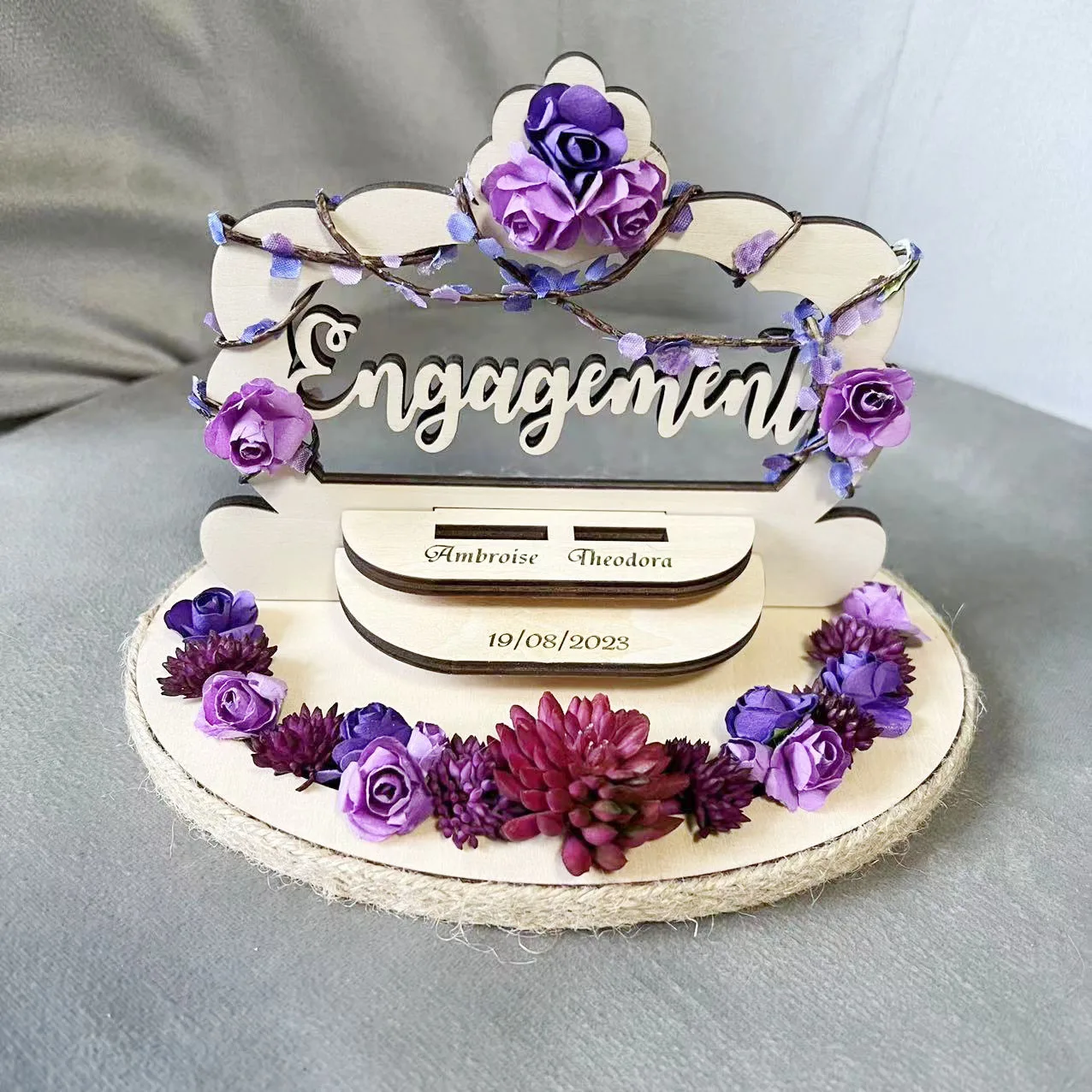 Personalized Wood Bride Groom Ring Box For Purple Theme Wedding Engagement Fiancee Fiance Photo Props Party Decorations