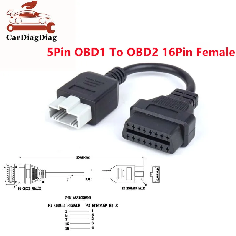 Adaptador de Cable de extensión OBD1 a OBD2, conector de diagnóstico hembra de 16 pines para Honda, escáner de coche de 5 pines, herramienta OBDII