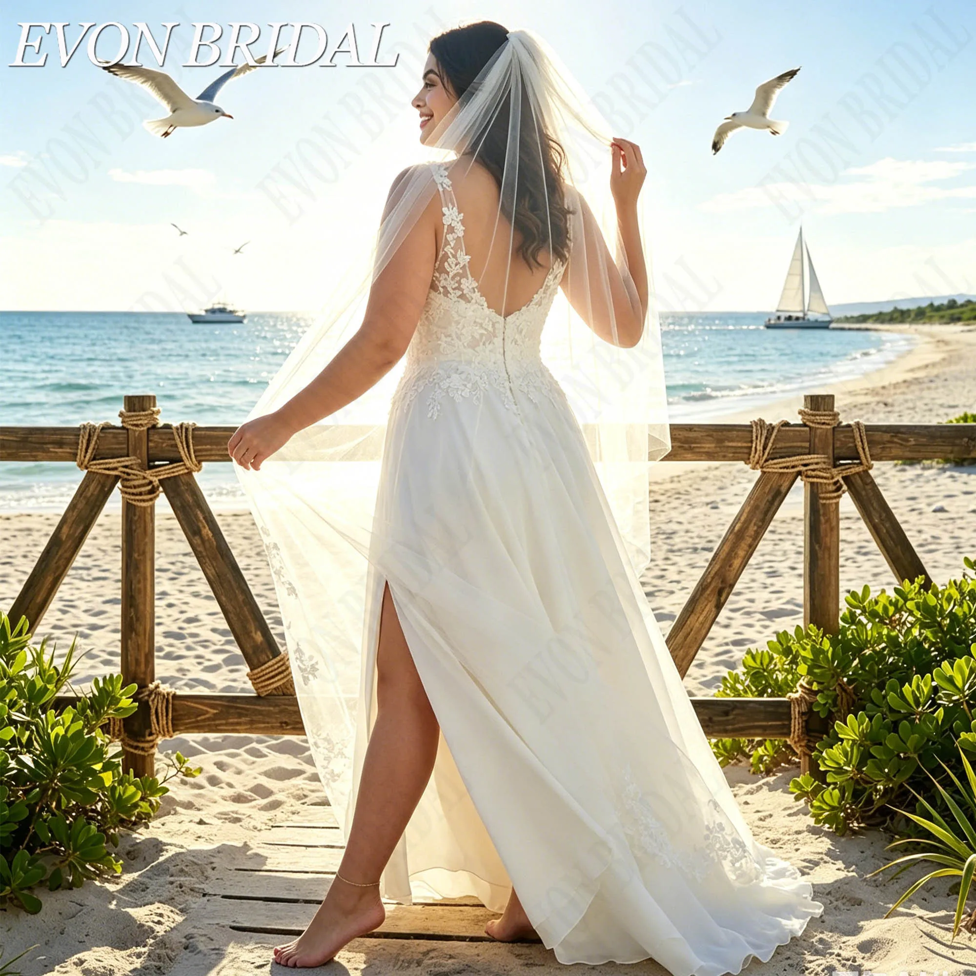 Фото EVON BRIDAL Бохо иллюзия свадебное платье на тонких бретелях, кружевные аппликации, тюлевое свадебное платье с V-образным вырезом силуэт А-лайн, индивидуальное изготовление свадебного платья, мягкий тюль нежное кружево №3