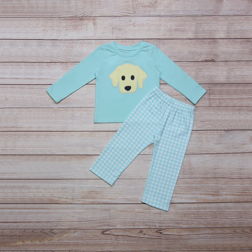 

2pcs Baby Girls Clothes Pure Cotton Outfits Dog Embroidery Green Striped Trousers Children Boutique Clothing