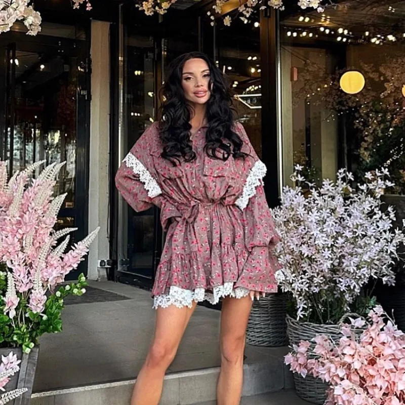 

Y2K INS Элегантное однобортное платье с длинным рукавом и отложным воротником на шнуровке с оборками осенне-зимнее платье с цветочным принтом корсет женское платье