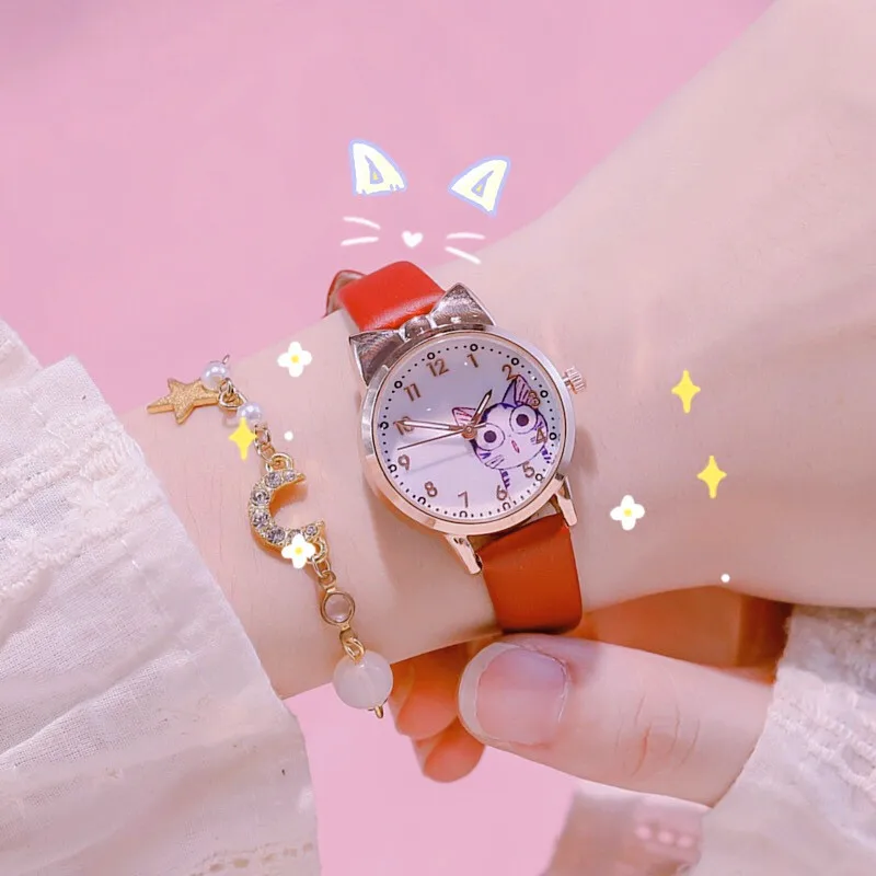 Часы наручные женские кварцевые с мультяшным котом и цифрами