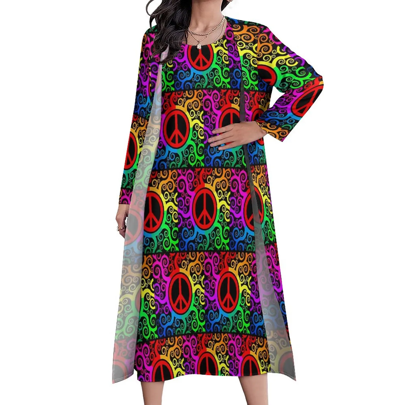 

Платье-макси Радужное в стиле ретро, с принтом и надписями мира