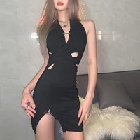 houzhou gothic backless black dress women sexy chic hollow out pin sleeveless halter high slit bodycon dress goth alt streetwear