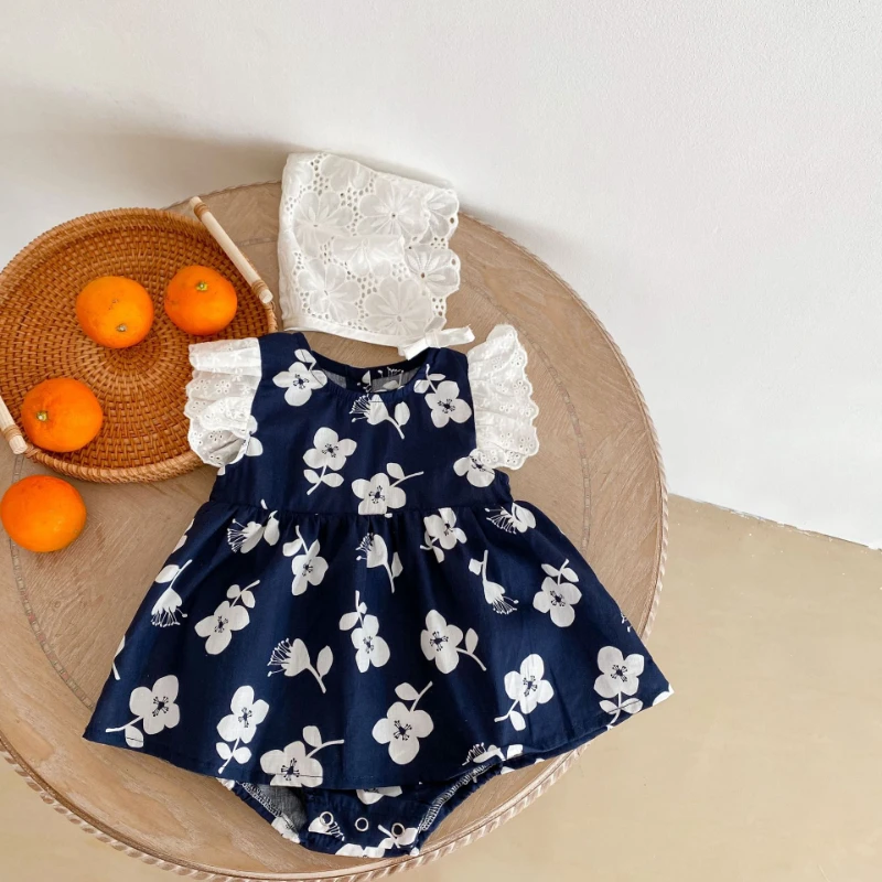 

Baby Girls Clothes Flowers Printed Cotton Lace Embroideried Flying Sleeved Bodysuits Summer Casual Jumpsuits For Infant 2022