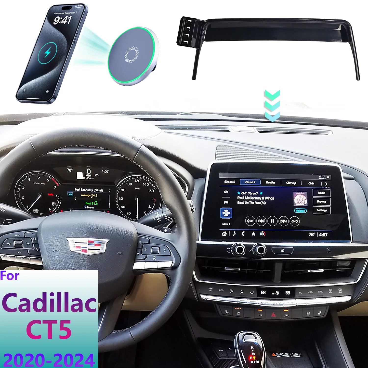 이ня Cadillac CT5 2020 2021 2022 2023 2024 Uchwyt samochodowy na telefon MagSafe Bezprzewodowe ładowanie Samochodowy uchwyt komórkowy Podstawa