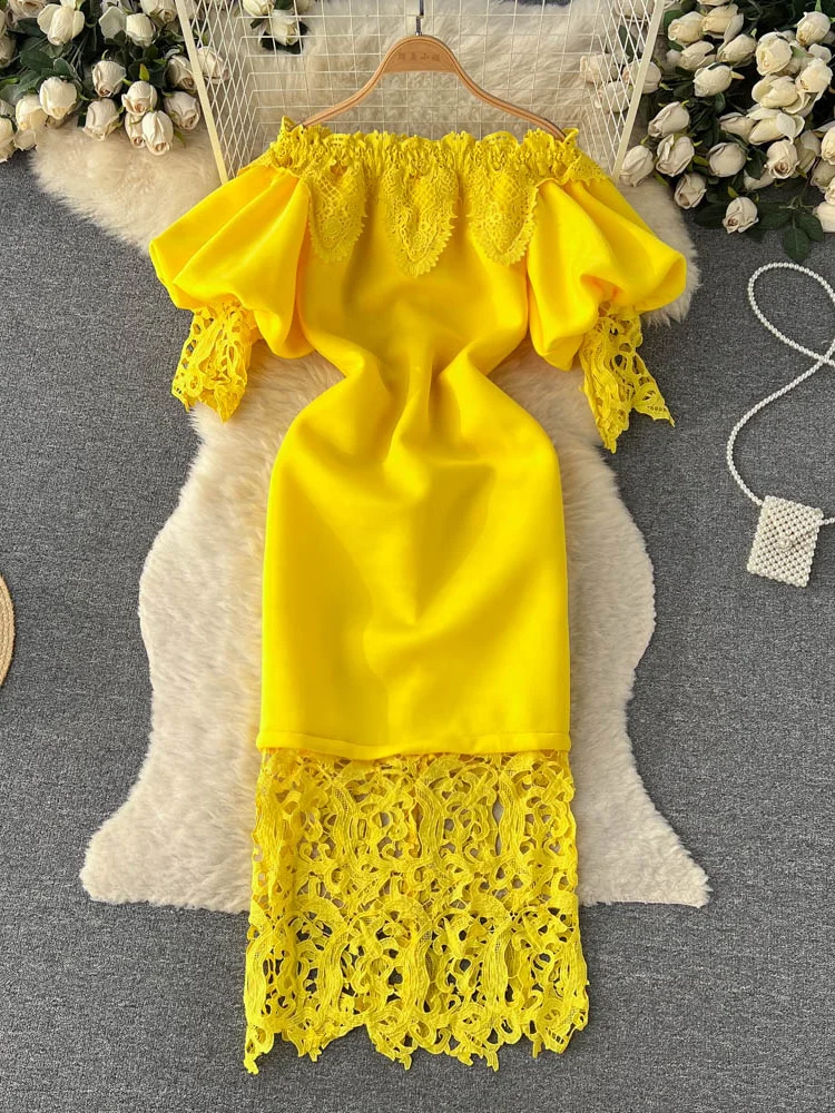 

Spring Summer Women Lace Patchwork Party Long Dress Vintage Slash Neck Short Puff Sleeve High Waist Bodycon Maxi Vestidos 2023