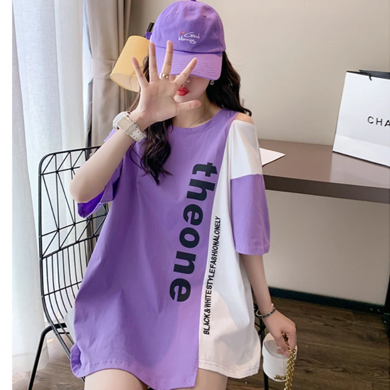 

Purple sexy shouldered t shirt female Korean fashion summer leisure loose personality stitching short sleeve top y2k graphic tee