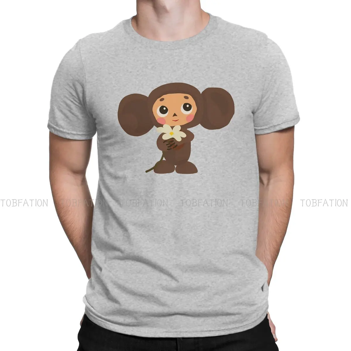 

Cheburashka Che Burashka Gena Russian Cartoon TShirt for Men White Flower Soft Leisure Sweatshirts T Shirt Novelty Trendy Loose