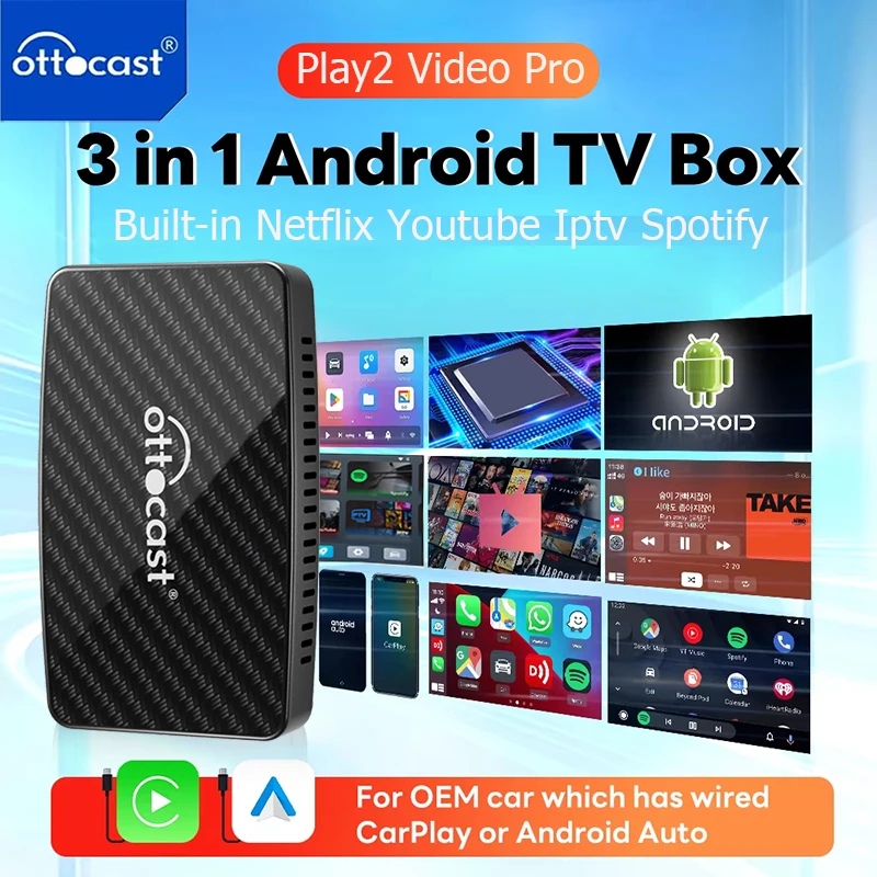OTTOCAST Android TV Box Беспроводной адаптер CarPlay Auto Встроенный Youtube Netflix Spotify IPTV Ai для 99%