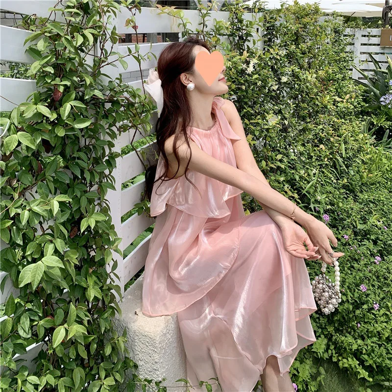 

2023 Women Elegant Pink Mesh Cake Dress Female Off Shoulder Sweet Lace Up Holiday Dress Summer Beach Midi Dress