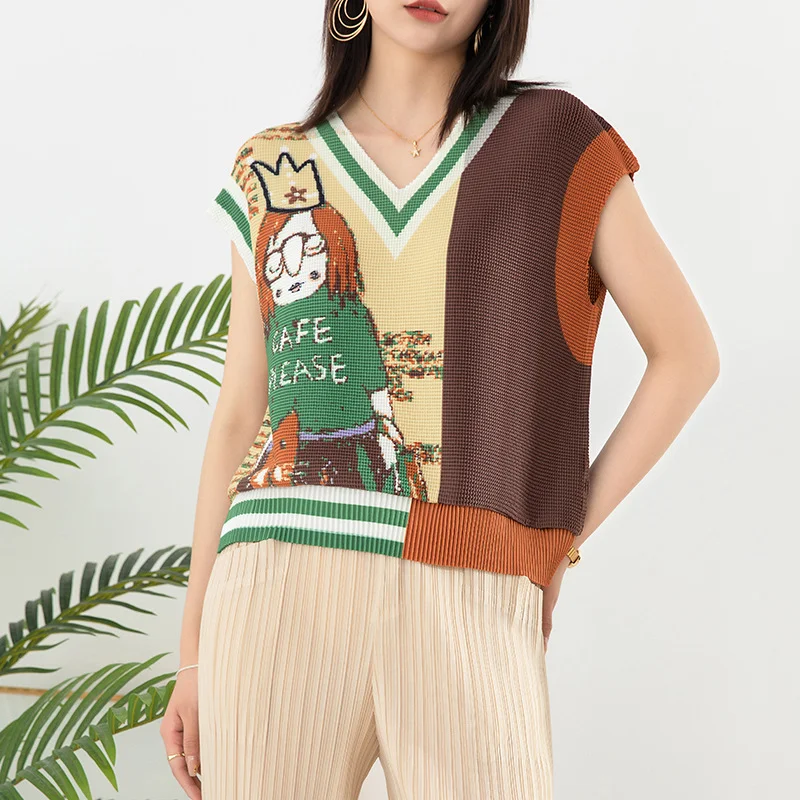 

Free Shipping,Top Women,MIYAKE Summer Sweater Vest Loose Contrast Print V-neck Tank Top [20230155]