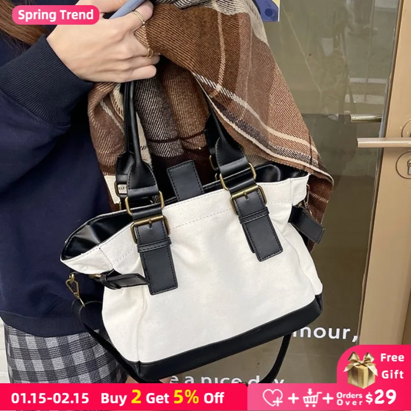 

PU Stitching Canvas Women's Shoulder Bags Fashion Commuter Ladies Daily Messenger Bag Large Capacity Female Casual Tote Handbags