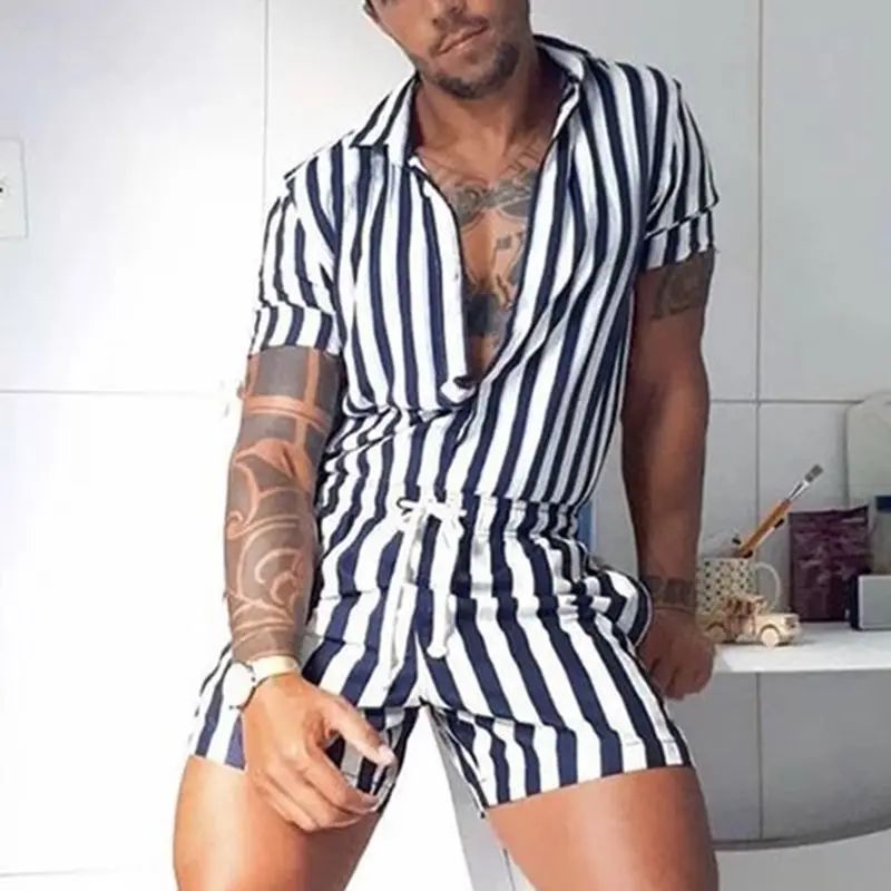 Men Shorts Jumpsuit New Men's Lapel Sexy Jumpsuit Casual Sports Jumpsuit Men Fashion Striped Drawstring Outwear Jumpsuit