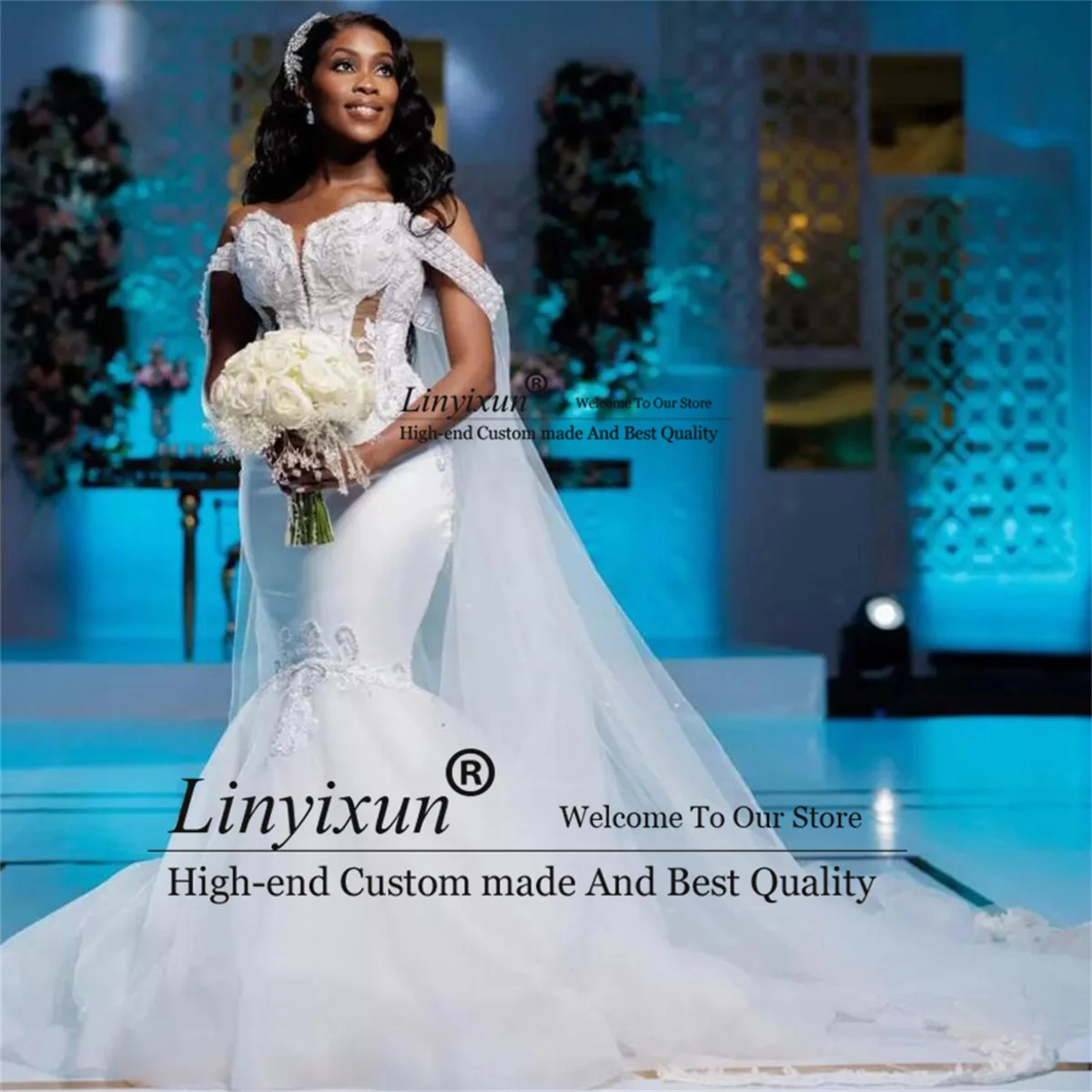 

Платье женское свадебное с юбкой-годе, открытыми плечами