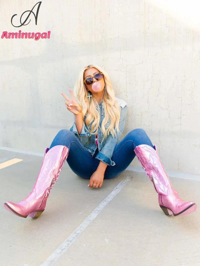 Pink Cowboy Western Boots For Women 2023 Brand New Embroidery Cowgirl Fashion Comfy Cute Spring Summer Women Knee-high Boots