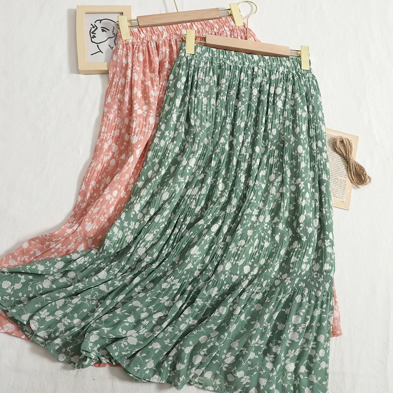 

Summer chiffon beach Print skirt female high waist sweet floral skirt for womens Korean midi long vintage pleated skirt women