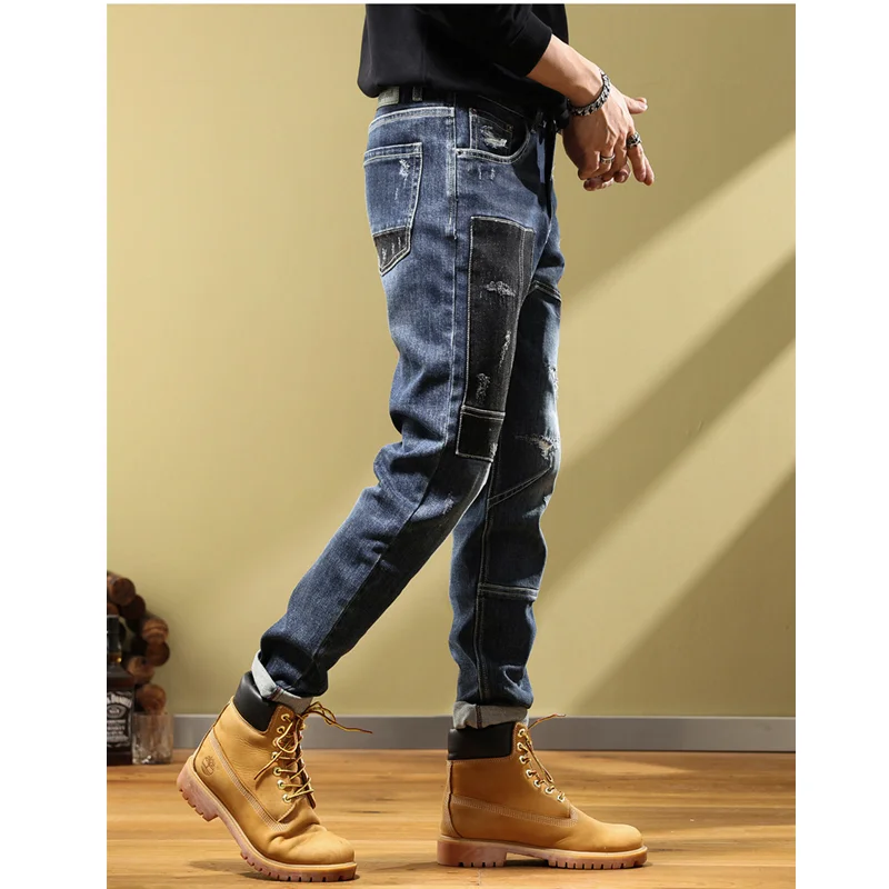 Streetwear Men 2022 Autumn Winter Splicing Color Contrast Jeans Men's High Street Fashion Elastic Patch Loose Oversize Pants