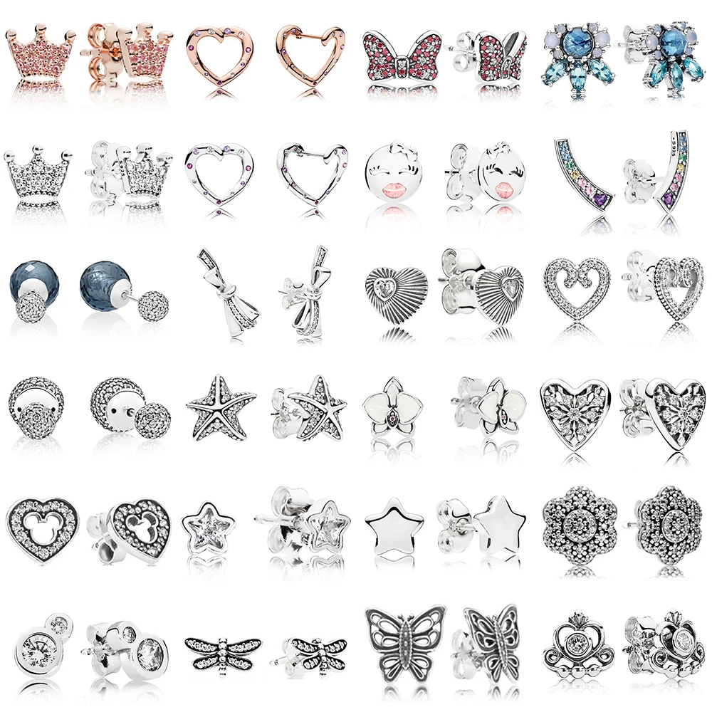 

2019 NEW 100% 925 Sterling Silver Earrings Lovely Butterfly Crown Stars Love Heart Ear Studs Charm Bead Fit Original DIY Dangler