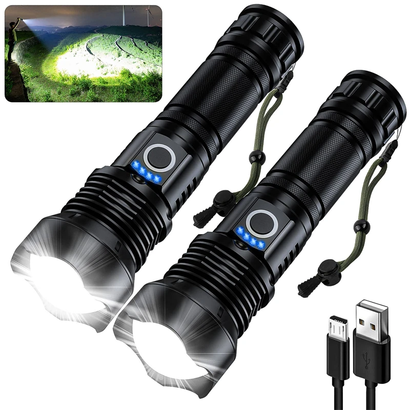 2 Pack Rechargeable Flashlight 100000 High Lumens Waterproof LED Flashlight for Emergencies High Powered Flashlight with 5 Modes