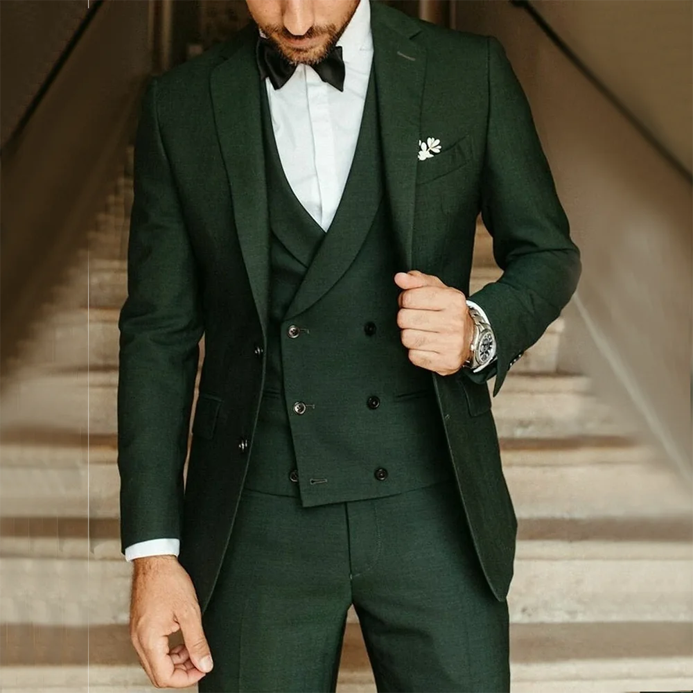 

2023 Male Suit Army Green Groom Tuxedos Party Suits Slim Fit Business Casual Jacket Sets 3 Piece Costume Homme (Blazer+Vest+Pant